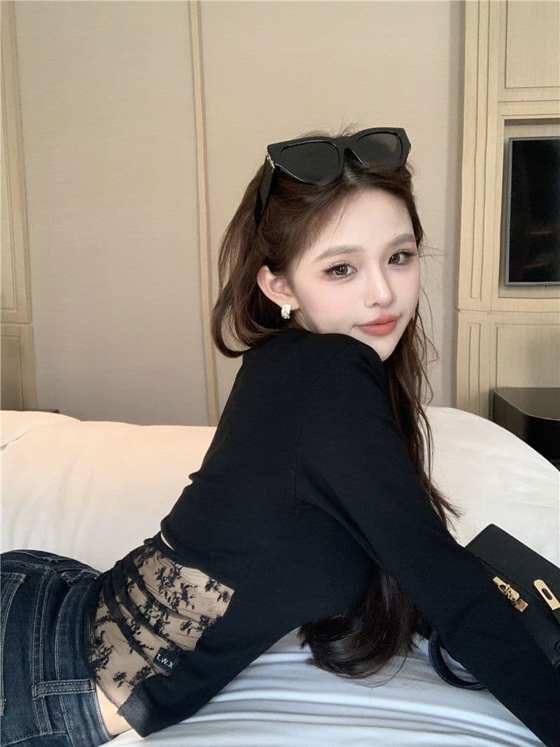 섹시한 아름다움 뒤로 홀로우 아웃 레이스 조각 긴팔 티셔츠 2026 가을 새로운 핫걸 허리 수축 슬림해 보이는 만나는 맨위 상세 이미지 7