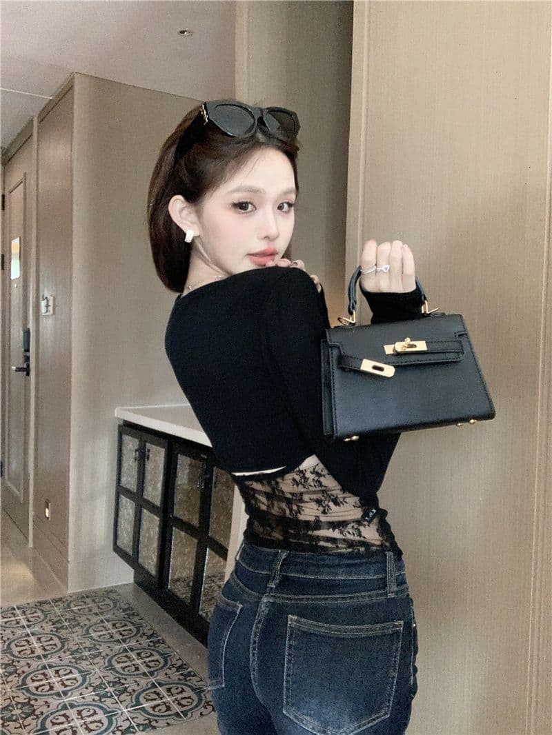 섹시한 아름다움 뒤로 홀로우 아웃 레이스 조각 긴팔 티셔츠 2026 가을 새로운 핫걸 허리 수축 슬림해 보이는 만나는 맨위 상세 이미지 8