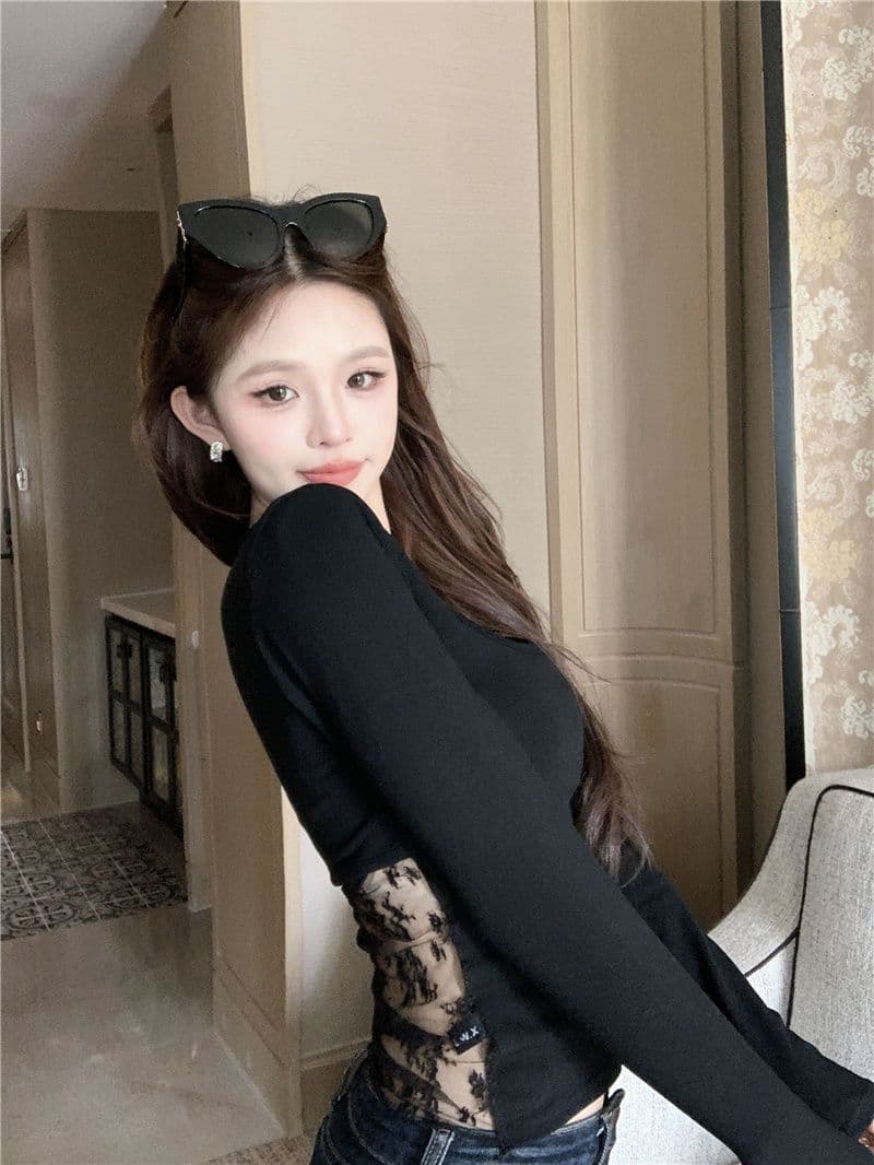 섹시한 아름다움 뒤로 홀로우 아웃 레이스 조각 긴팔 티셔츠 2026 가을 새로운 핫걸 허리 수축 슬림해 보이는 만나는 맨위 상세 이미지 14