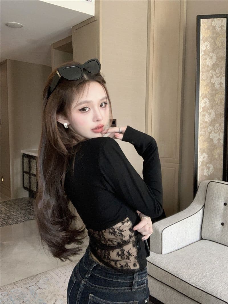 섹시한 아름다움 뒤로 홀로우 아웃 레이스 조각 긴팔 티셔츠 2026 가을 새로운 핫걸 허리 수축 슬림해 보이는 만나는 맨위 상세 이미지 20