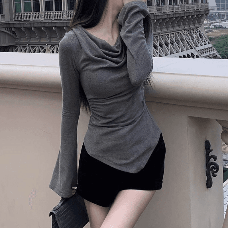 원본 대외 무역 한국 스타일 모달 한 단어 나팔 소매 디스플레이 티셔츠 긴팔 어깨 불규칙 맨위 상세 이미지 3