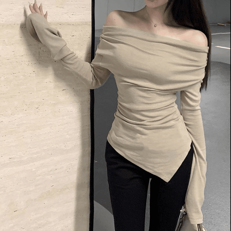 원본 대외 무역 한국 스타일 모달 한 단어 나팔 소매 디스플레이 티셔츠 긴팔 어깨 불규칙 맨위 상세 이미지 9