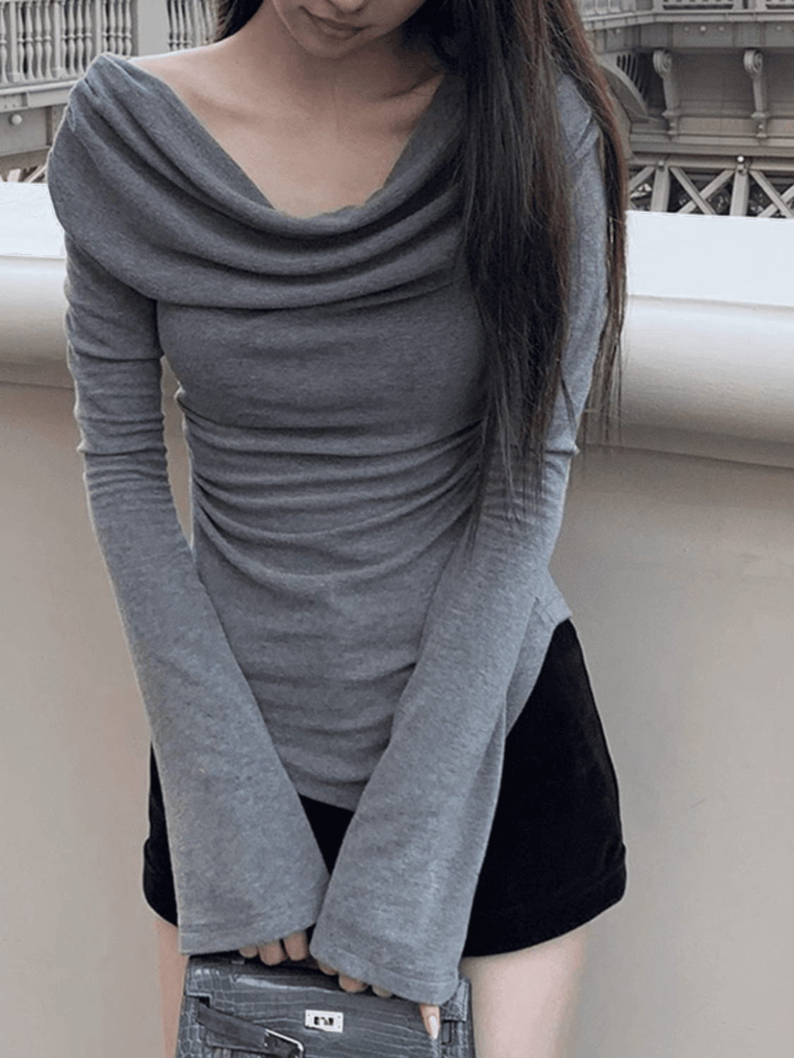 원본 대외 무역 한국 스타일 모달 한 단어 나팔 소매 디스플레이 티셔츠 긴팔 어깨 불규칙 맨위 상세 이미지 10