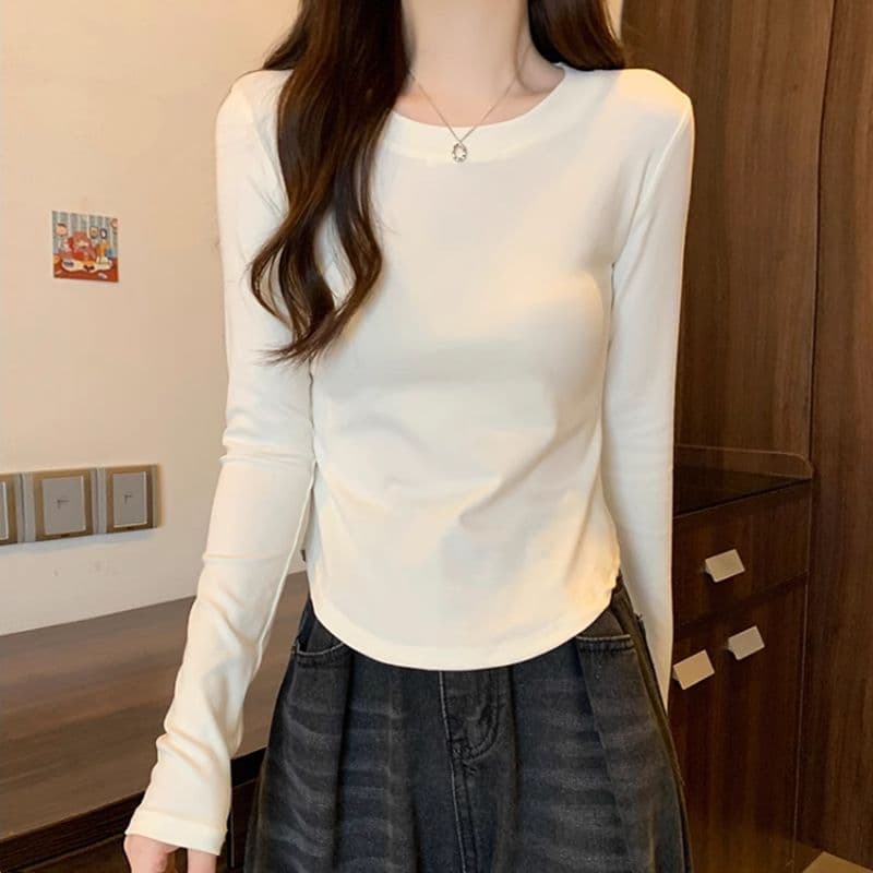 1 1 40 면 다용도 풀오버 라운드 넥 기본 셔츠 긴팔 티셔츠 여성 가을 불규칙 곡선 허리 수축 맨위 이미지 5
