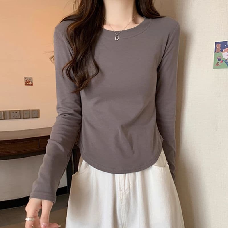 1 1 40 면 다용도 풀오버 라운드 넥 기본 셔츠 긴팔 티셔츠 여성 가을 불규칙 곡선 허리 수축 맨위 이미지 3