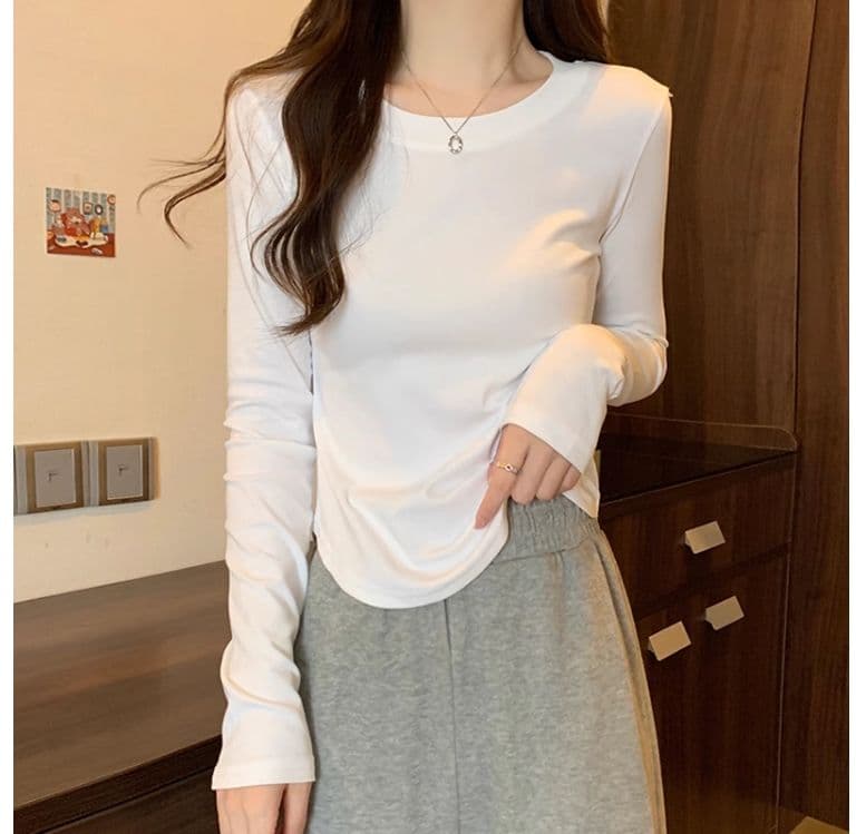 1 1 40 면 다용도 풀오버 라운드 넥 기본 셔츠 긴팔 티셔츠 여성 가을 불규칙 곡선 허리 수축 맨위 상세 이미지 3