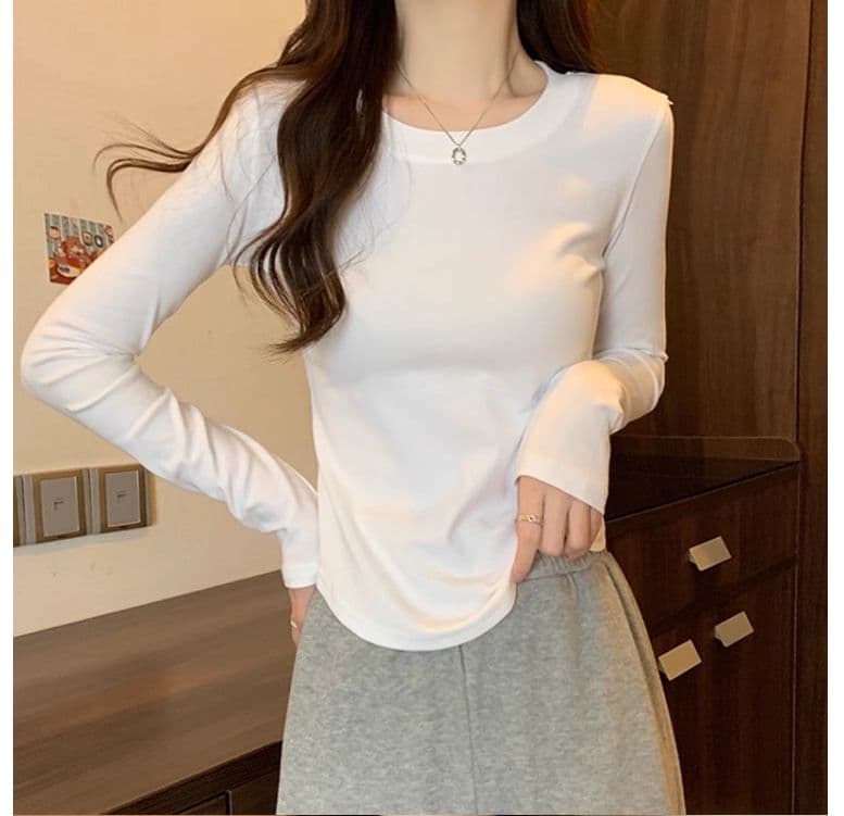 1 1 40 면 다용도 풀오버 라운드 넥 기본 셔츠 긴팔 티셔츠 여성 가을 불규칙 곡선 허리 수축 맨위 상세 이미지 4