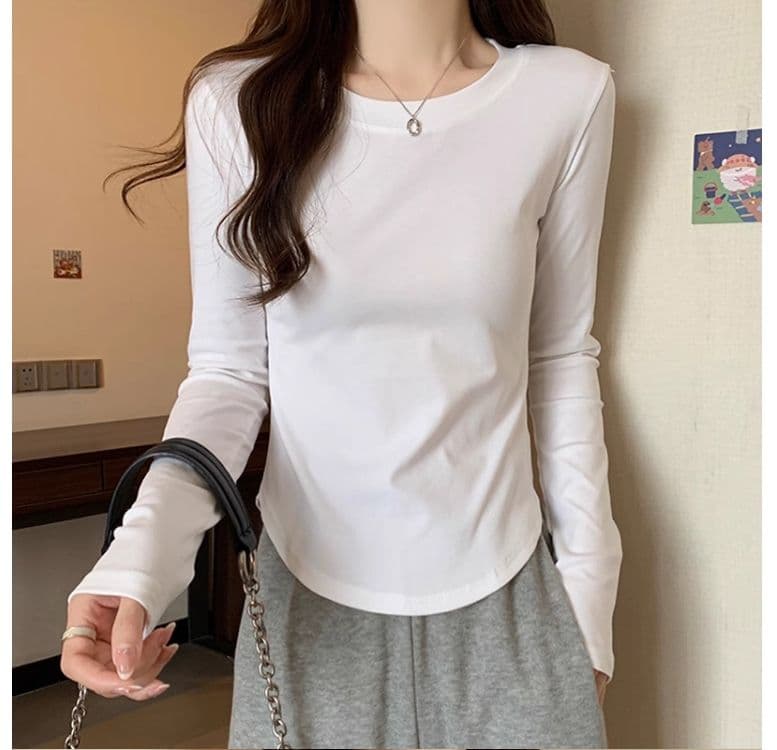 1 1 40 면 다용도 풀오버 라운드 넥 기본 셔츠 긴팔 티셔츠 여성 가을 불규칙 곡선 허리 수축 맨위 상세 이미지 6