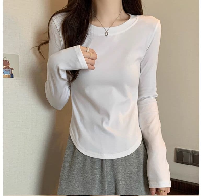 1 1 40 면 다용도 풀오버 라운드 넥 기본 셔츠 긴팔 티셔츠 여성 가을 불규칙 곡선 허리 수축 맨위 상세 이미지 7