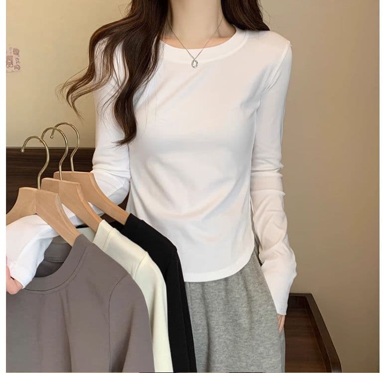 1 1 40 면 다용도 풀오버 라운드 넥 기본 셔츠 긴팔 티셔츠 여성 가을 불규칙 곡선 허리 수축 맨위 상세 이미지 9