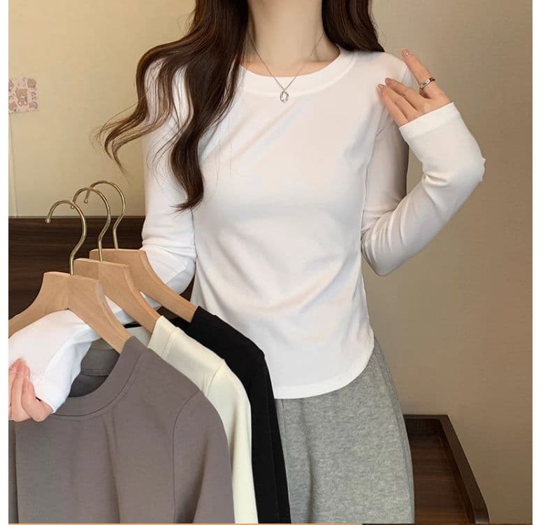 1 1 40 면 다용도 풀오버 라운드 넥 기본 셔츠 긴팔 티셔츠 여성 가을 불규칙 곡선 허리 수축 맨위 상세 이미지 10