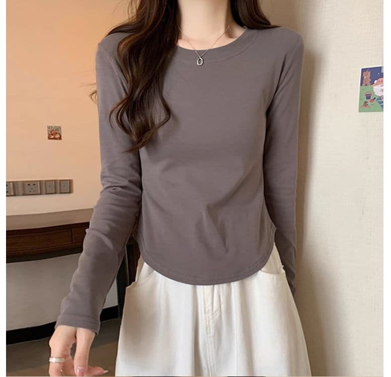 1 1 40 면 다용도 풀오버 라운드 넥 기본 셔츠 긴팔 티셔츠 여성 가을 불규칙 곡선 허리 수축 맨위 상세 이미지 12
