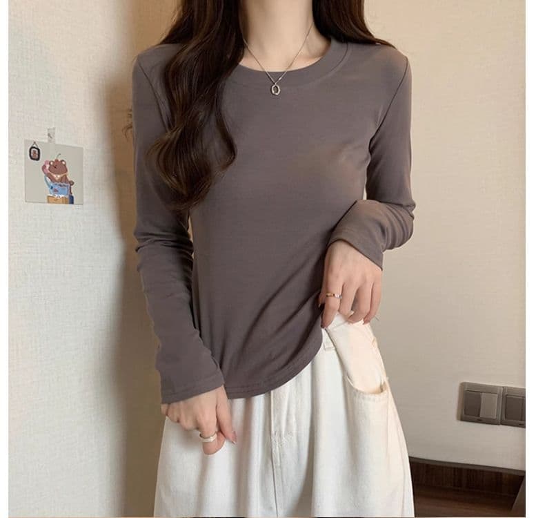 1 1 40 면 다용도 풀오버 라운드 넥 기본 셔츠 긴팔 티셔츠 여성 가을 불규칙 곡선 허리 수축 맨위 상세 이미지 13