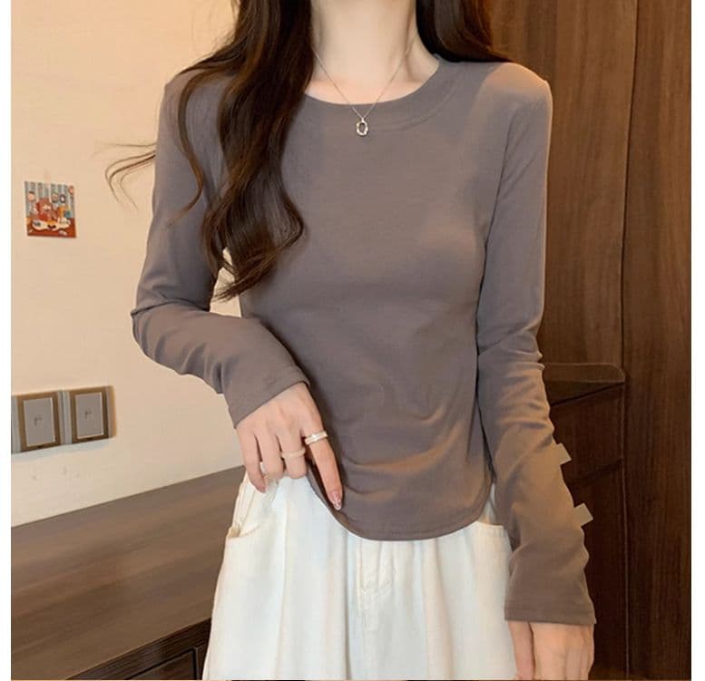 1 1 40 면 다용도 풀오버 라운드 넥 기본 셔츠 긴팔 티셔츠 여성 가을 불규칙 곡선 허리 수축 맨위 상세 이미지 15