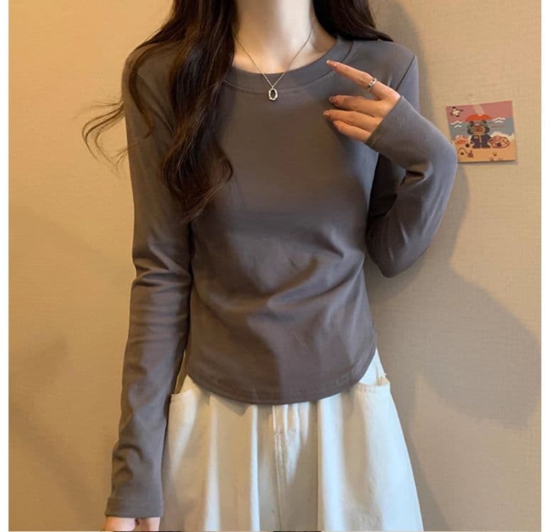 1 1 40 면 다용도 풀오버 라운드 넥 기본 셔츠 긴팔 티셔츠 여성 가을 불규칙 곡선 허리 수축 맨위 상세 이미지 17