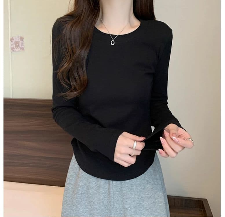 1 1 40 면 다용도 풀오버 라운드 넥 기본 셔츠 긴팔 티셔츠 여성 가을 불규칙 곡선 허리 수축 맨위 상세 이미지 19