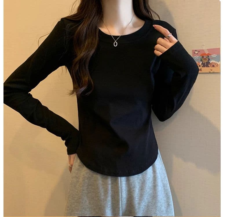 1 1 40 면 다용도 풀오버 라운드 넥 기본 셔츠 긴팔 티셔츠 여성 가을 불규칙 곡선 허리 수축 맨위 상세 이미지 24