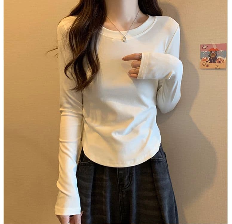 1 1 40 면 다용도 풀오버 라운드 넥 기본 셔츠 긴팔 티셔츠 여성 가을 불규칙 곡선 허리 수축 맨위 상세 이미지 25