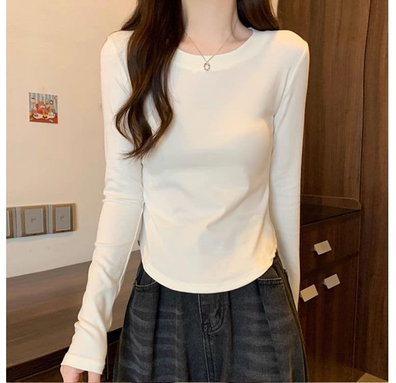 1 1 40 면 다용도 풀오버 라운드 넥 기본 셔츠 긴팔 티셔츠 여성 가을 불규칙 곡선 허리 수축 맨위 상세 이미지 27