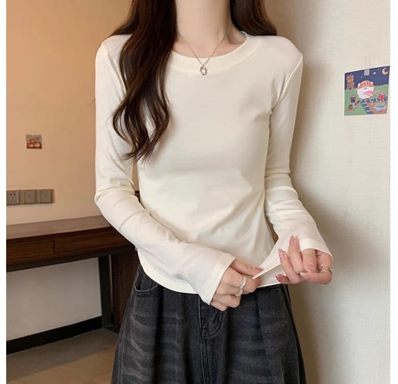 1 1 40 면 다용도 풀오버 라운드 넥 기본 셔츠 긴팔 티셔츠 여성 가을 불규칙 곡선 허리 수축 맨위 상세 이미지 28