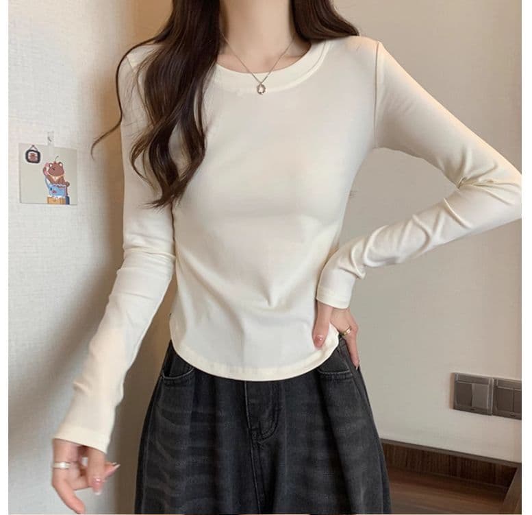1 1 40 면 다용도 풀오버 라운드 넥 기본 셔츠 긴팔 티셔츠 여성 가을 불규칙 곡선 허리 수축 맨위 상세 이미지 30
