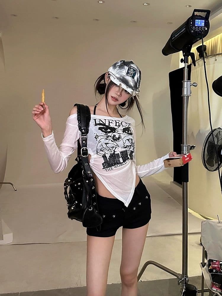 패션 루즈핏 디자인 센스 다용도 개성 레트로 핫걸 오프숄더 얇은 스타일 긴팔 티셔츠 맨위 이미지 4