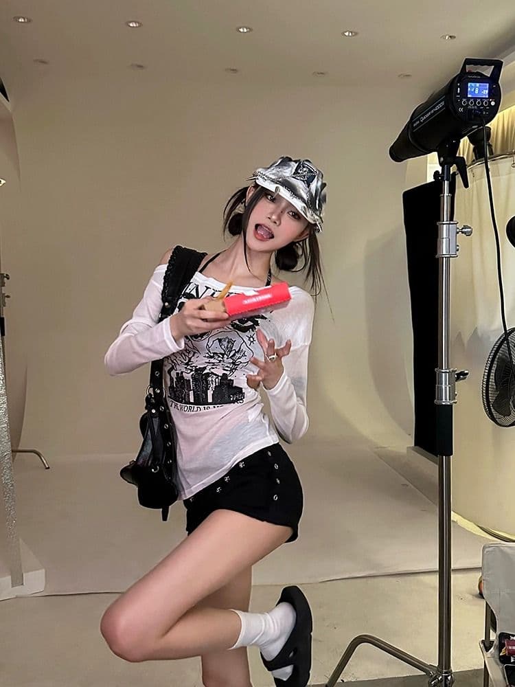 패션 루즈핏 디자인 센스 다용도 개성 레트로 핫걸 오프숄더 얇은 스타일 긴팔 티셔츠 맨위 상세 이미지 5
