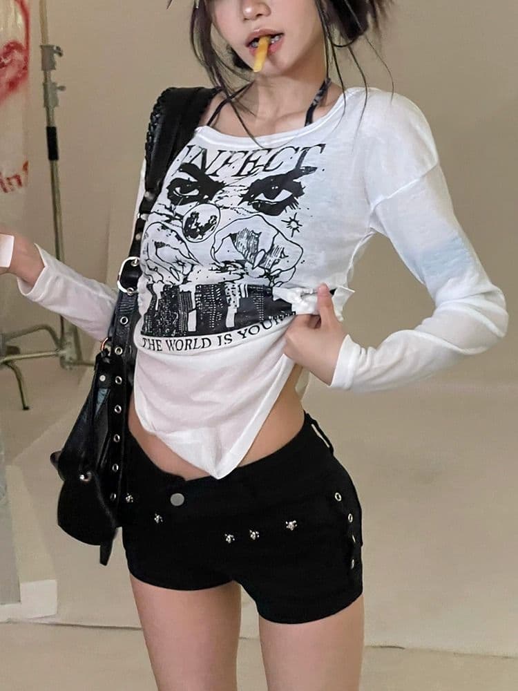 패션 루즈핏 디자인 센스 다용도 개성 레트로 핫걸 오프숄더 얇은 스타일 긴팔 티셔츠 맨위 상세 이미지 14