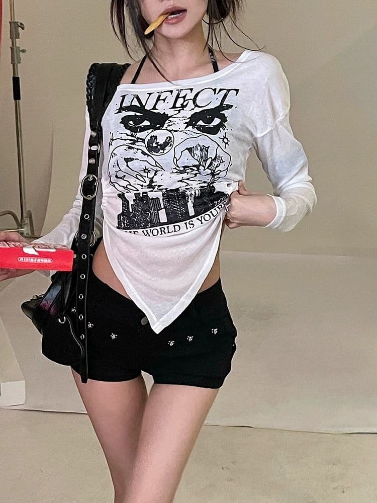 패션 루즈핏 디자인 센스 다용도 개성 레트로 핫걸 오프숄더 얇은 스타일 긴팔 티셔츠 맨위 상세 이미지 15