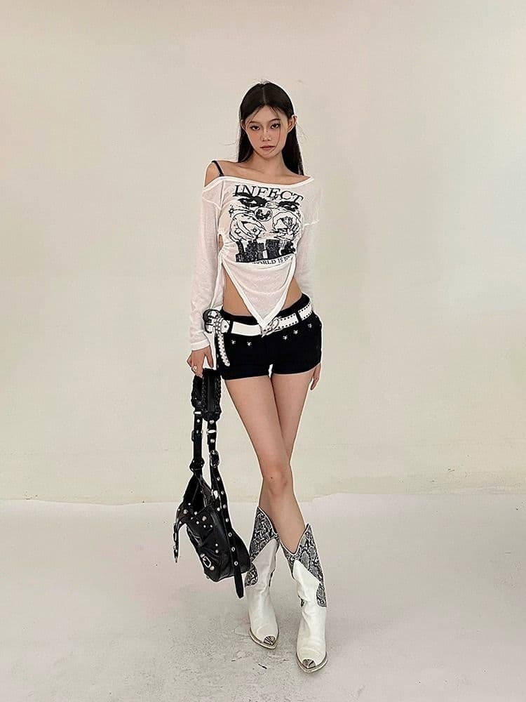 패션 루즈핏 디자인 센스 다용도 개성 레트로 핫걸 오프숄더 얇은 스타일 긴팔 티셔츠 맨위 상세 이미지 17