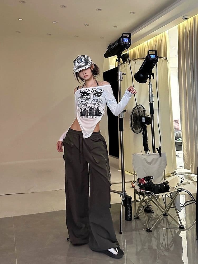 패션 루즈핏 디자인 센스 다용도 개성 레트로 핫걸 오프숄더 얇은 스타일 긴팔 티셔츠 맨위 상세 이미지 19