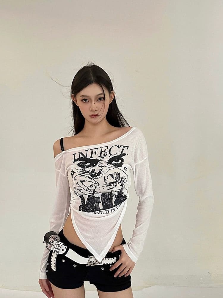 패션 루즈핏 디자인 센스 다용도 개성 레트로 핫걸 오프숄더 얇은 스타일 긴팔 티셔츠 맨위 상세 이미지 23