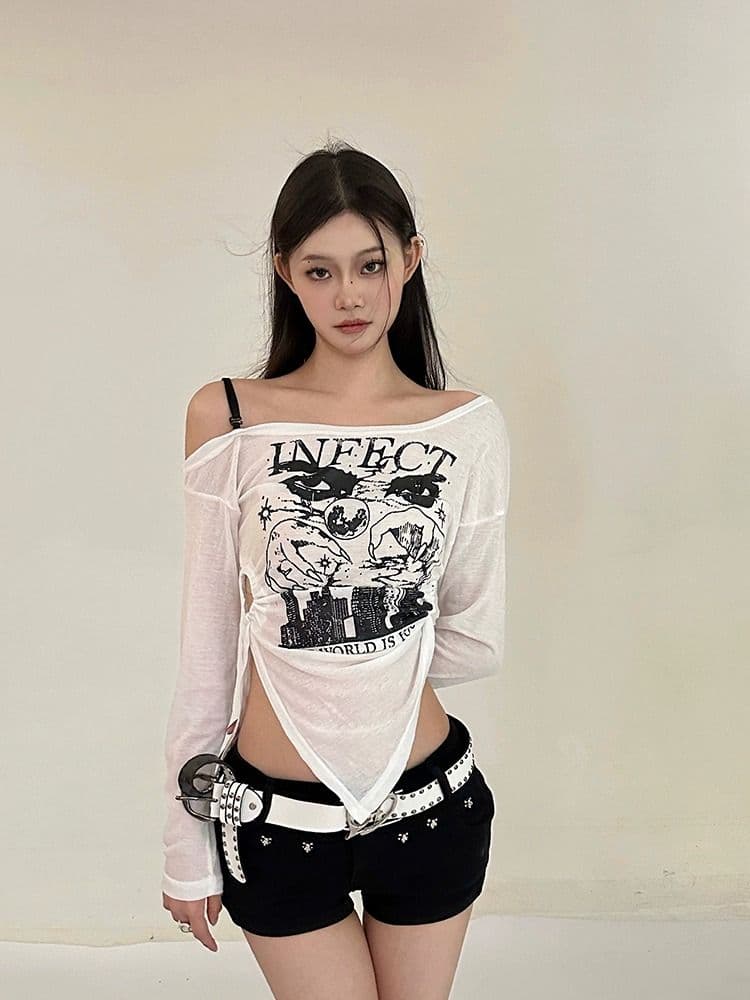 패션 루즈핏 디자인 센스 다용도 개성 레트로 핫걸 오프숄더 얇은 스타일 긴팔 티셔츠 맨위 상세 이미지 24