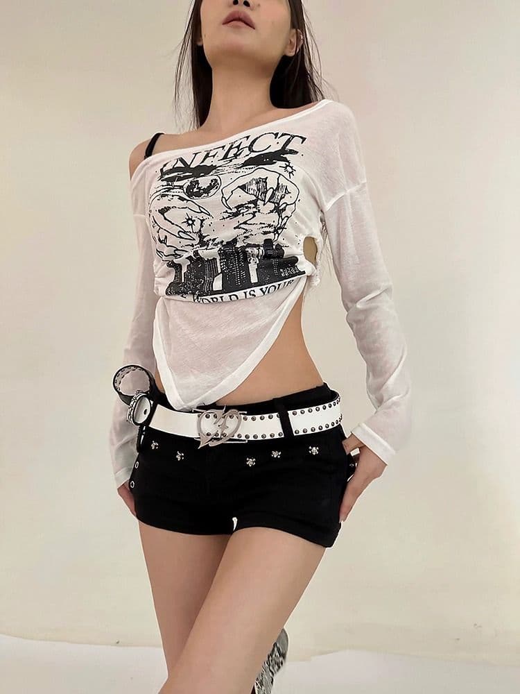 패션 루즈핏 디자인 센스 다용도 개성 레트로 핫걸 오프숄더 얇은 스타일 긴팔 티셔츠 맨위 상세 이미지 26