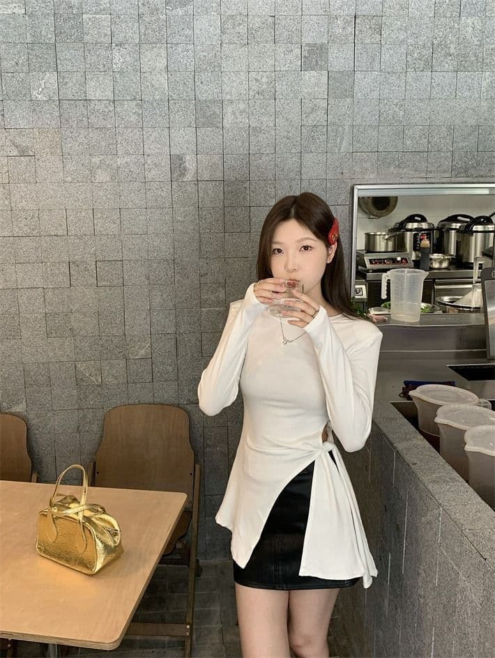 모달 사람들 면 260 그램 화이트 티셔츠 여성 가을 표지 고기 슬림해 보이는 긍정적 인 어깨 동정 트임 불규칙 맨위 상세 이미지 4