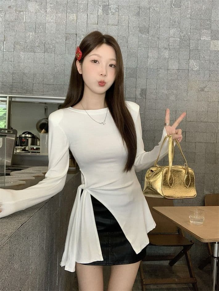 모달 사람들 면 260 그램 화이트 티셔츠 여성 가을 표지 고기 슬림해 보이는 긍정적 인 어깨 동정 트임 불규칙 맨위 상세 이미지 6