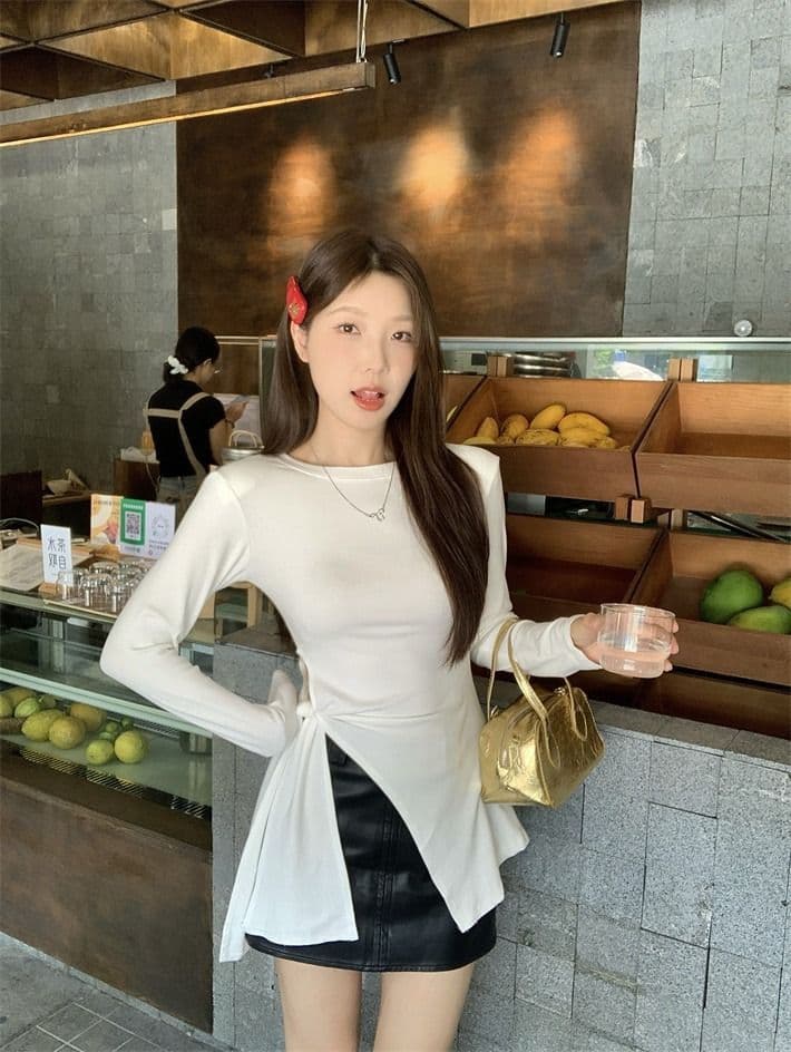 모달 사람들 면 260 그램 화이트 티셔츠 여성 가을 표지 고기 슬림해 보이는 긍정적 인 어깨 동정 트임 불규칙 맨위 상세 이미지 7
