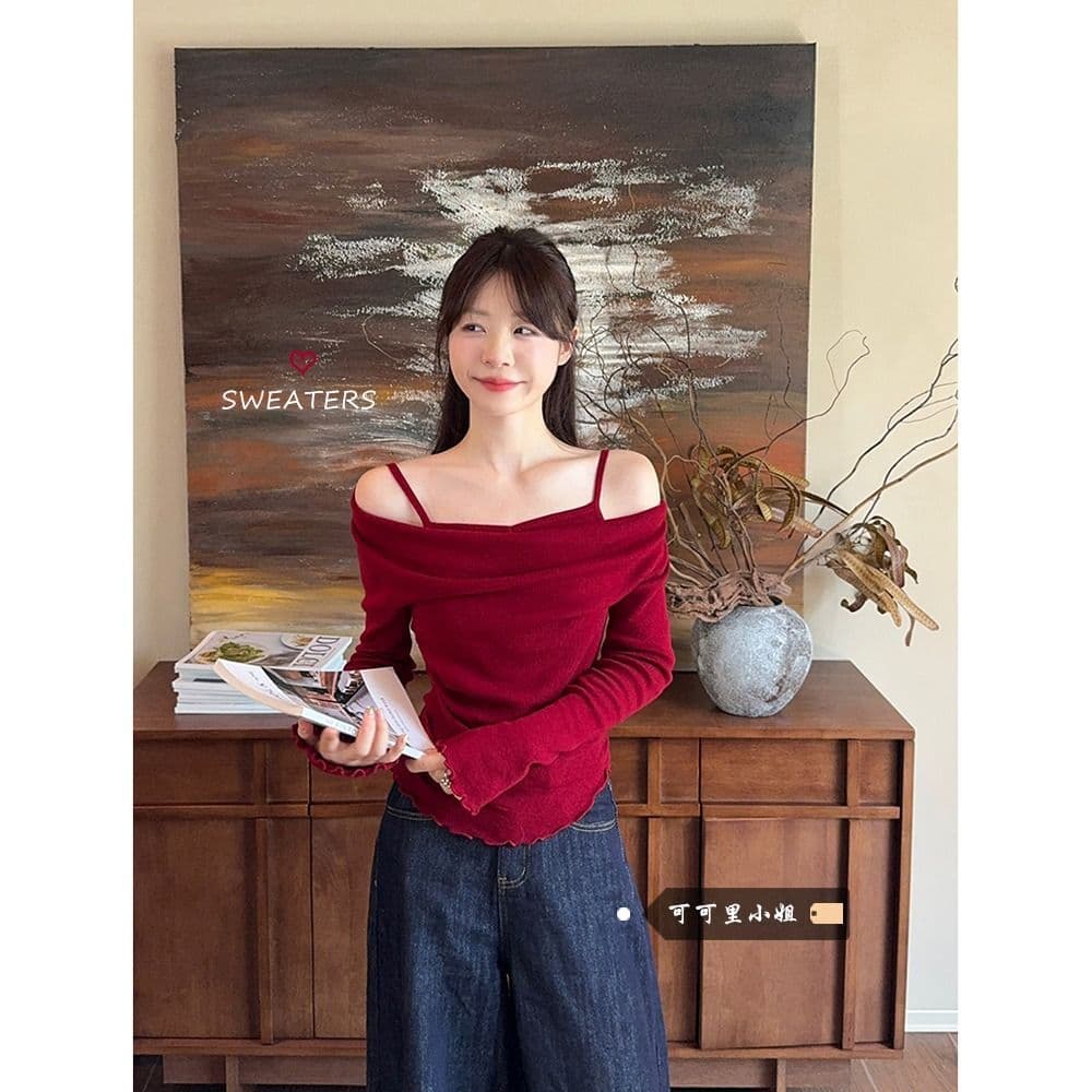 모달 사람들 면 디자인 센스 패치워크 나팔 소매 오프숄더 긴팔 니트 스웨터 여성 오프숄더 맨위 이미지 3
