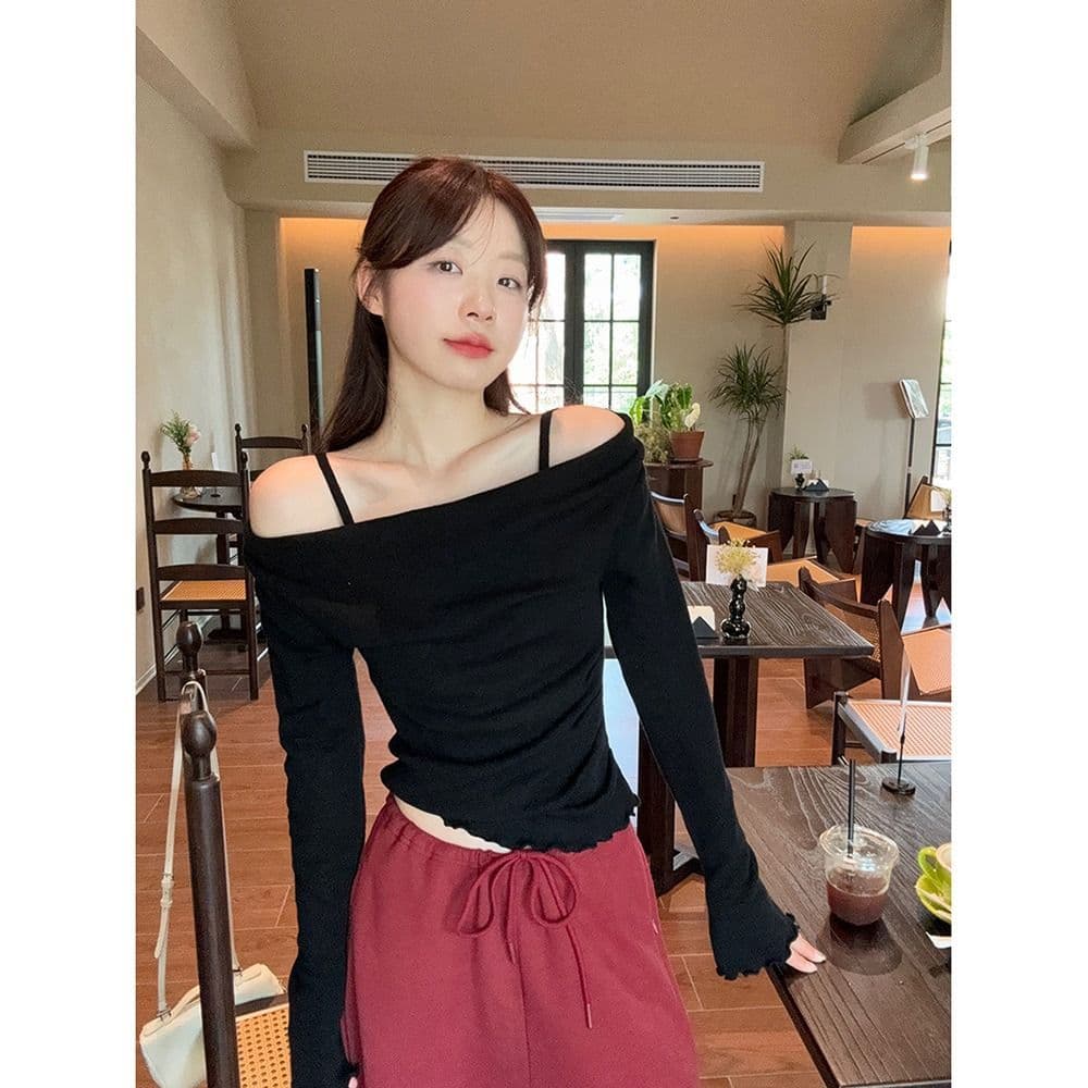 모달 사람들 면 디자인 센스 패치워크 나팔 소매 오프숄더 긴팔 니트 스웨터 여성 오프숄더 맨위 이미지 2