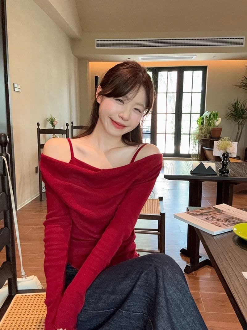 모달 사람들 면 디자인 센스 패치워크 나팔 소매 오프숄더 긴팔 니트 스웨터 여성 오프숄더 맨위 상세 이미지 3