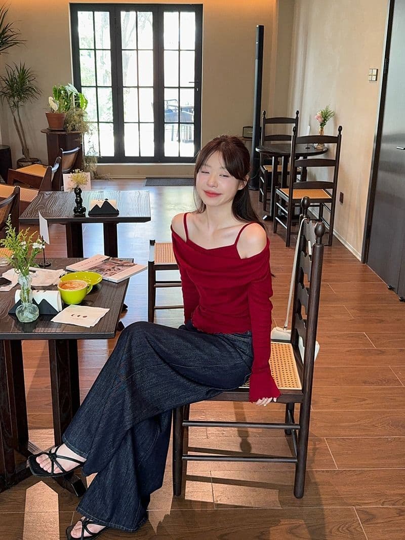 모달 사람들 면 디자인 센스 패치워크 나팔 소매 오프숄더 긴팔 니트 스웨터 여성 오프숄더 맨위 상세 이미지 5