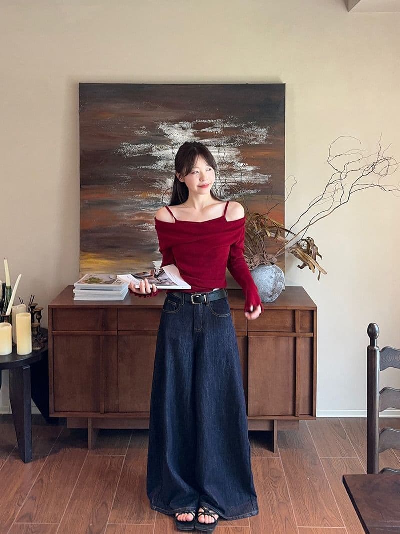 모달 사람들 면 디자인 센스 패치워크 나팔 소매 오프숄더 긴팔 니트 스웨터 여성 오프숄더 맨위 상세 이미지 7