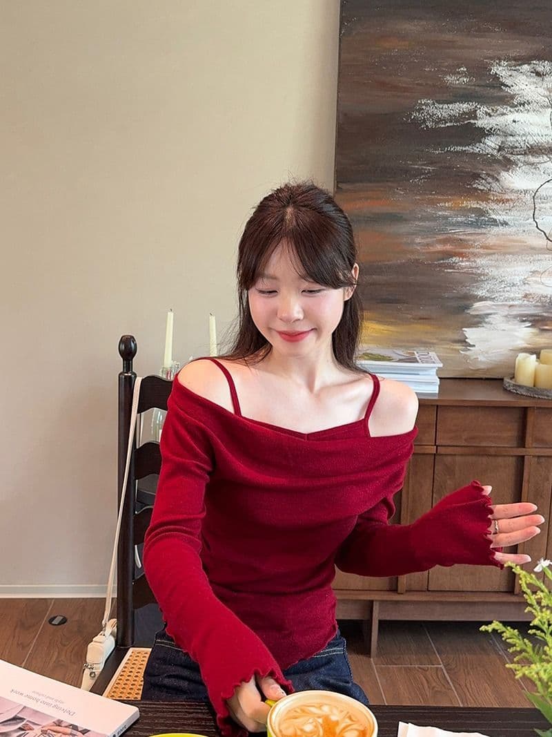 모달 사람들 면 디자인 센스 패치워크 나팔 소매 오프숄더 긴팔 니트 스웨터 여성 오프숄더 맨위 상세 이미지 8