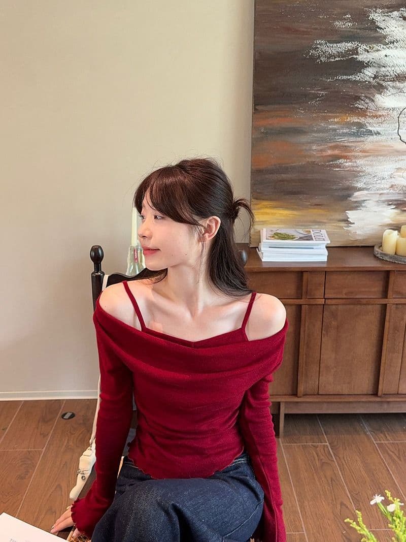 모달 사람들 면 디자인 센스 패치워크 나팔 소매 오프숄더 긴팔 니트 스웨터 여성 오프숄더 맨위 상세 이미지 10