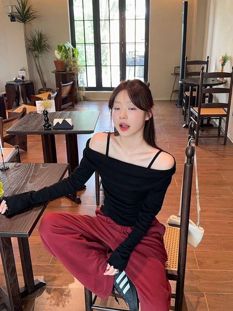 모달 사람들 면 디자인 센스 패치워크 나팔 소매 오프숄더 긴팔 니트 스웨터 여성 오프숄더 맨위 상세 이미지 19