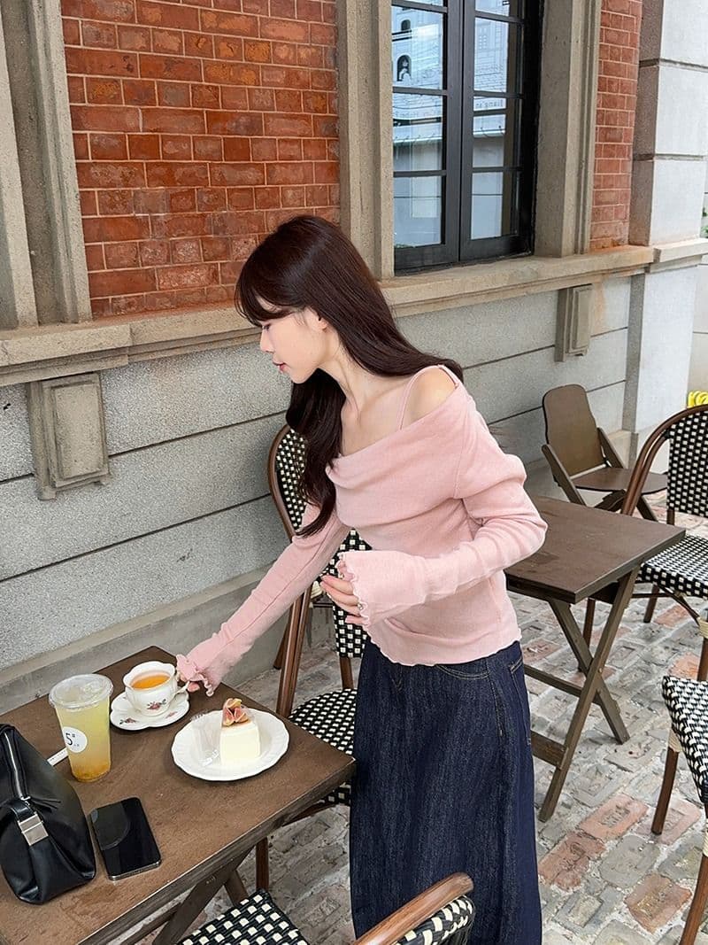 모달 사람들 면 디자인 센스 패치워크 나팔 소매 오프숄더 긴팔 니트 스웨터 여성 오프숄더 맨위 상세 이미지 22
