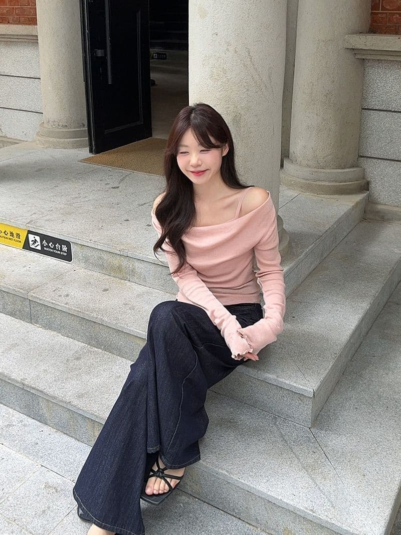 모달 사람들 면 디자인 센스 패치워크 나팔 소매 오프숄더 긴팔 니트 스웨터 여성 오프숄더 맨위 상세 이미지 25
