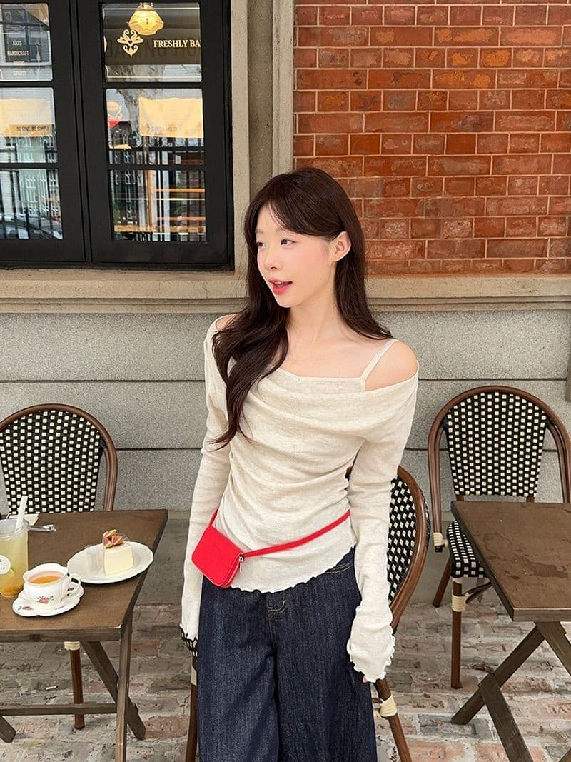 모달 사람들 면 디자인 센스 패치워크 나팔 소매 오프숄더 긴팔 니트 스웨터 여성 오프숄더 맨위 상세 이미지 30