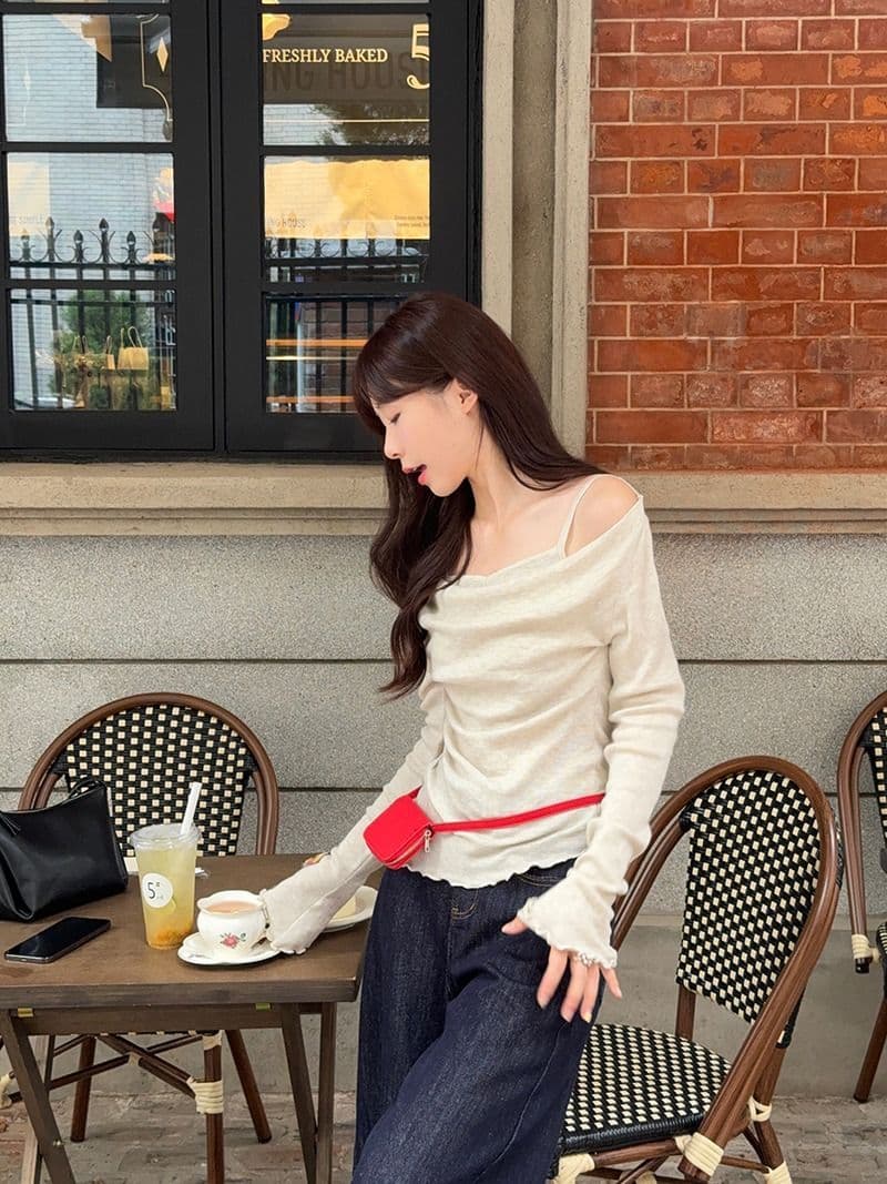 모달 사람들 면 디자인 센스 패치워크 나팔 소매 오프숄더 긴팔 니트 스웨터 여성 오프숄더 맨위 상세 이미지 31