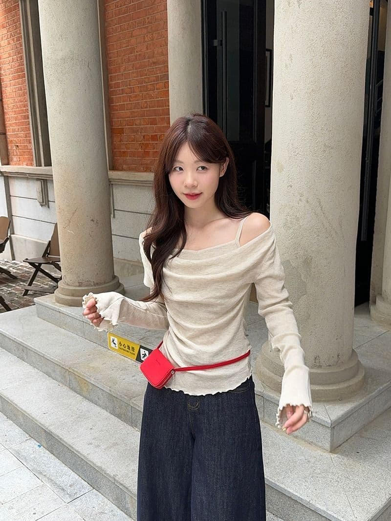 모달 사람들 면 디자인 센스 패치워크 나팔 소매 오프숄더 긴팔 니트 스웨터 여성 오프숄더 맨위 상세 이미지 32